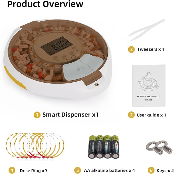 Bluetooth Automatic Pill Organizer with APP Control for Elderly | APP/Sound/Light Reminders, Tracks Adherence History, Up to 9 Daily Doses, Clear LCD Display, Top Lock & Ergonomic Curved Lid