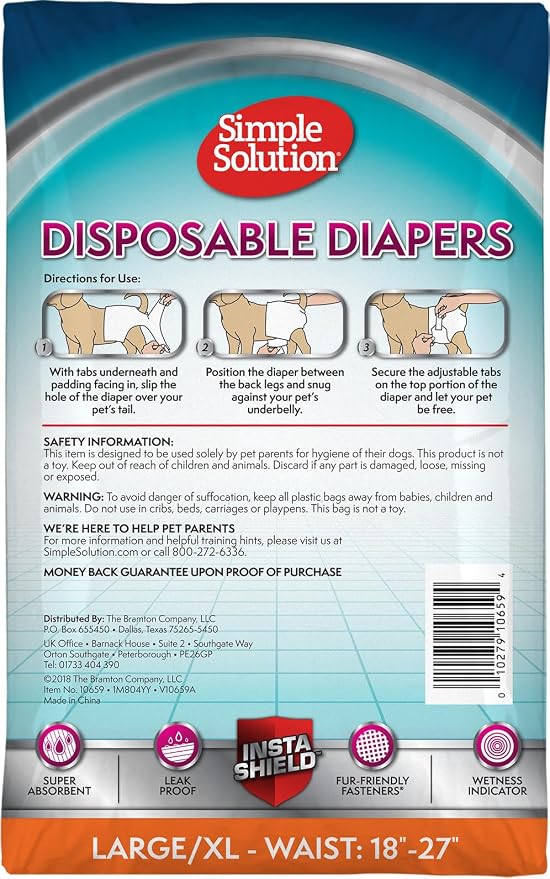 Simple Solution Female Dog Diapers, Disposable Dog Diapers, L/XL, 12 Count | Dog in Heat, Potty Training, Incontinence Support, Leak Proof, Puppy Training, Disposable Protection, Secure Fit, 18-27 Inch
