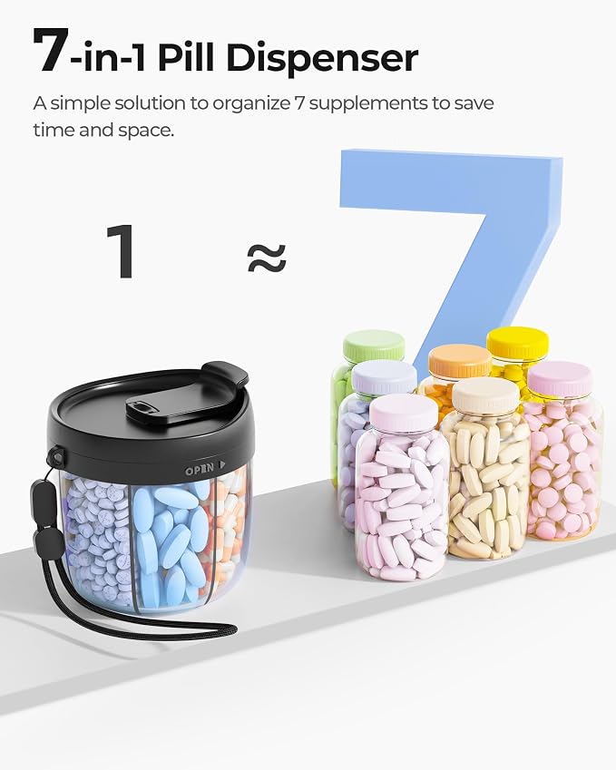 AMOOS Cute Pill Dispenser with 7 Large Compartments, Portable Pill Bottle Organizer with Wide Opening for Easy Use, Anti-Mix Pill Organizer for Travel, BPA-Free Pill Container, Black