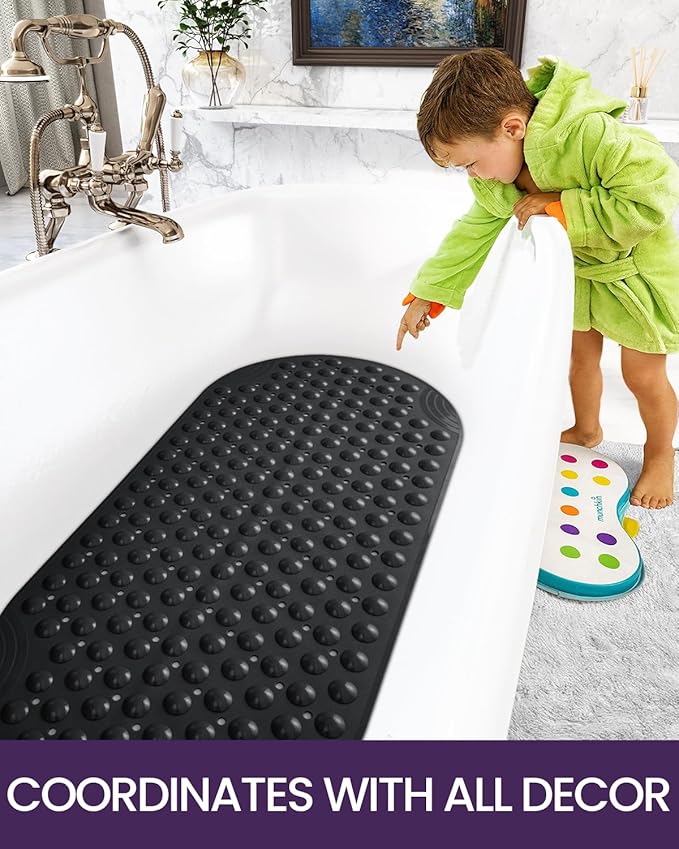 DEXI Bathtub Mat Non Slip 16x35, Shower Floor Mats for Bathroom Bath Tub, Washable Oval Bathmat with Suction Cups and Drain Holes, Black
