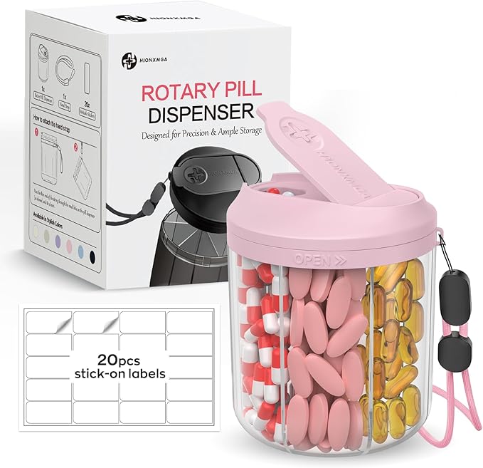 Pill Dispenser with 7 Large Compartments, Pill Bottle Organizer for Travel, Supplement Organizer with Anti-Mixing Design, BPA-Free Pill Container with 20 Pcs Labels, Pink
