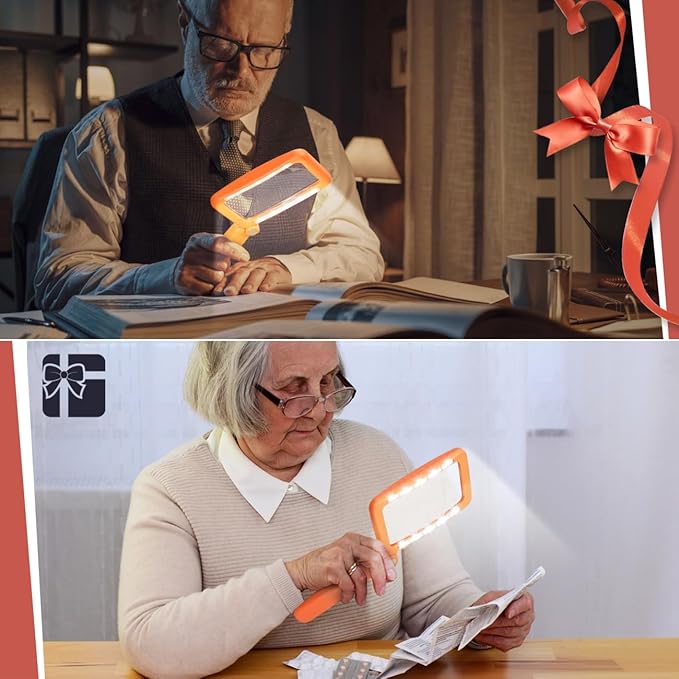 Rechargeable Magnifying Glass with Light for Reading, 5X Large Page Lighted Magnifier for Seniors Low Vision, Folding Handheld Rectangle Magnifier for Reading Small Print Orange-Black