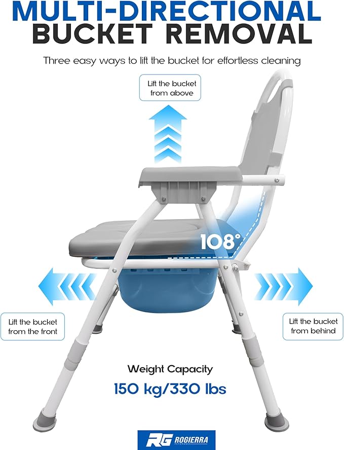 Heavy Duty 4-in-1 Portable Bedside Commode Chair for Elderly & Disabled, Extra-Wide & Adjustable Height, Folding Over-Toilet Chair with Armrests & Back Support, Holds Up to 350 lbs, Easy to Clean