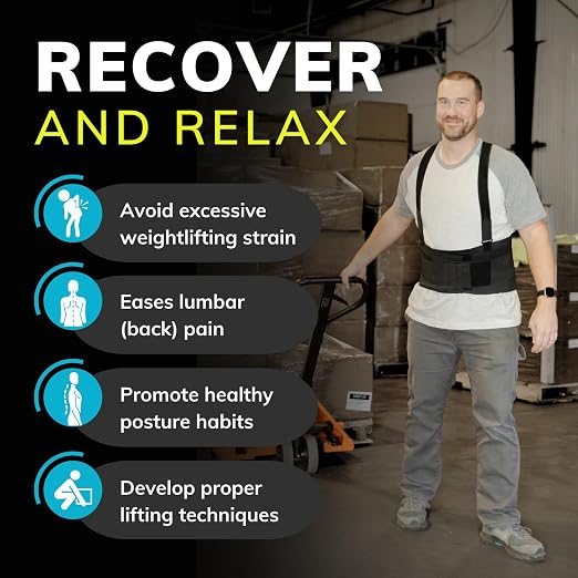 BraceAbility Work Back Brace - Removable Suspender Shoulder Straps for Heavy Lifting Safety - Industrial Lower Back Pain Protection Belt for Men and Women in Construction, Mover, Warehouse Jobs (4XL)