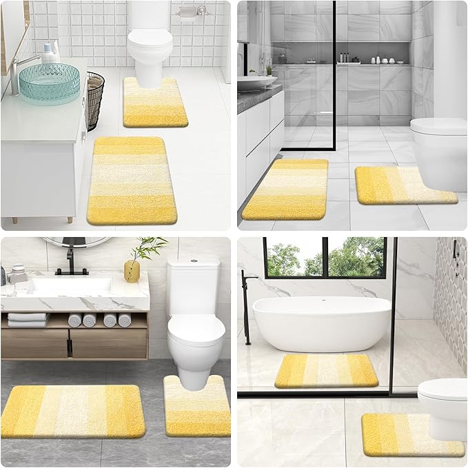 OLANLY Bathroom Rug Set 2 Piece, Soft Absorbent Microfiber Bath Mats and U-Shaped Contour Toilet Rug, Non-Slip, Machine Wash Dry, Plush Shaggy Bath Mats for Bathroom (24"x16"+U24 x20, Yellow)