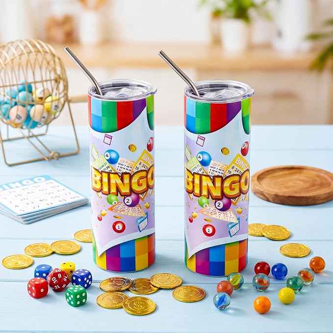 Geiserailie 2 Pack Bingo Tumbler Cups 20 oz Game Gifts Stainless Steel Tumbler with Lids Prizes for Seniors Mom Grandma Dad (Colorful)