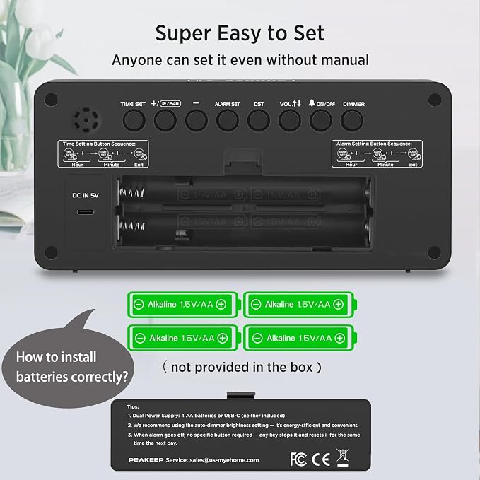 Peakeep Battery Operated Digital Alarm Clock for Bedrooms Cordless - Auto/Manual Dimmer, Volume Adjustable, Large Big Numbers Display, Dual Power Supply