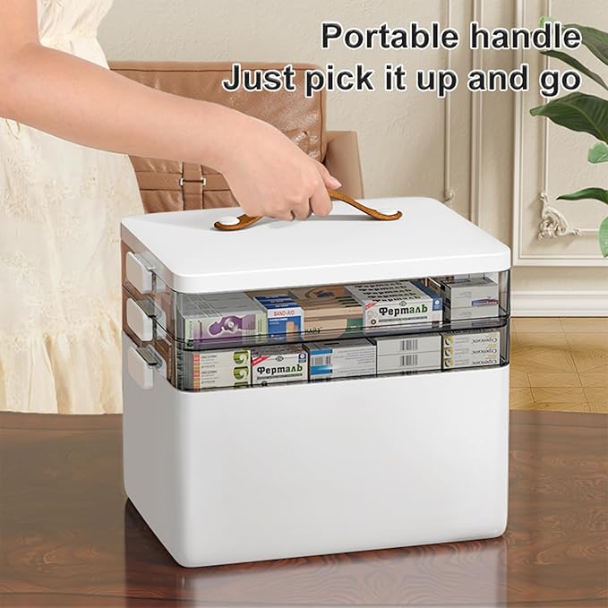 CTIME 3-Tier Medicine Organizer - Portable Medicine Cabinet with Leather Handle, Empty First Aid Kit for Home