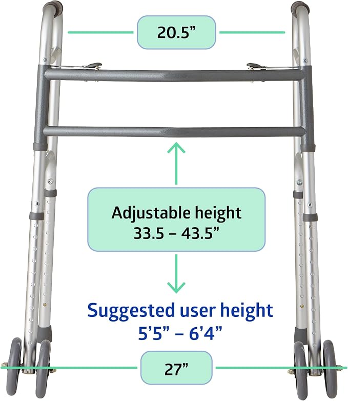 Medline Heavy-Duty Bariatric Folding Walker with 5” Wheels and Durable Handles, 500 lb. Weight Capacity
