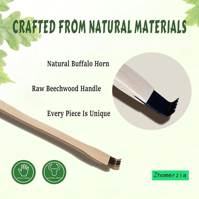 Natural Buffalo Horn Back Scratcher with Adjustable Sharpness, 17" Long Handle Curved Wooden for Seniors Women Men, Nano-Glass File, Gift for Mom Dad