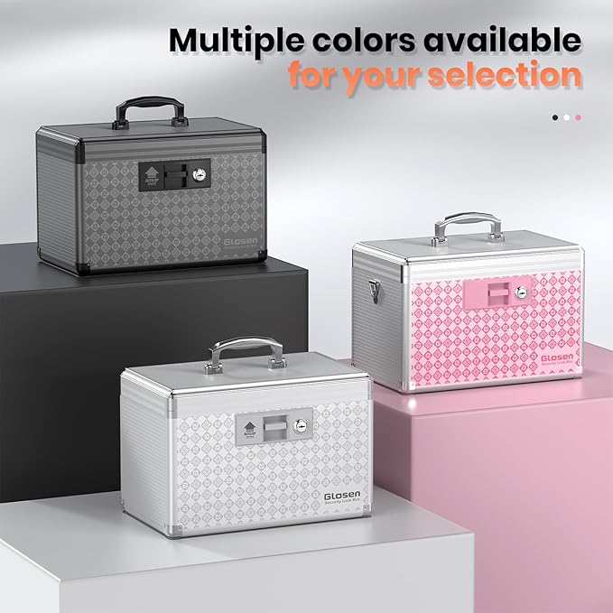 Glosen Medicine Lock Box Storage Lock Box Grey 12 X 7.68 X 7.87 Inch 【Medium】 Lockable Dorm Storage Trunk with Key Lock - Briefcase, Lock Boxes for Personal Items