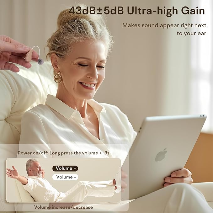 Hearing Aids, Hearing Aids for Seniors, Rechargeable Hearing Aid with Noise Cancellation, 5-Level Button Volume Control, OTC Hearing Amplifier for Moderate Hearing Loss, Clear Sound