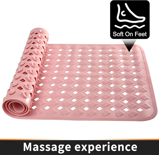 Yimobra Bathtub Mat Non Slip, Super Strong Suction Cups, 27.5"x15.5" Long Shower Mat with Drain Holes, Machine Washable Fast Draining Bath Mats, Bathroom Essentials,Pink