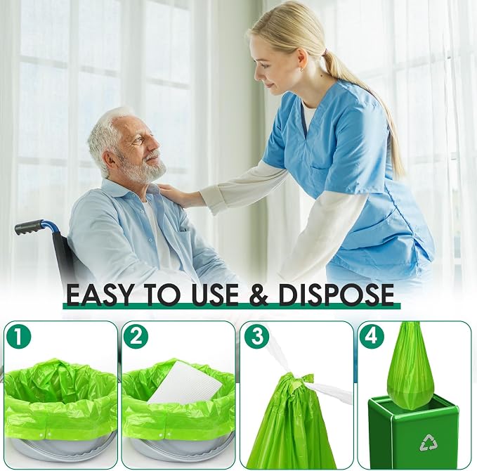 Commode Liners with Absorbent Pad, Universal Fit for Commode/Camping Toilet | 50Bags+50Pads, Leakproof, Drawstring Closure for Easy Disposal, 1000ml Absorbency, Versatile for Seniors Home Care, RV Trip