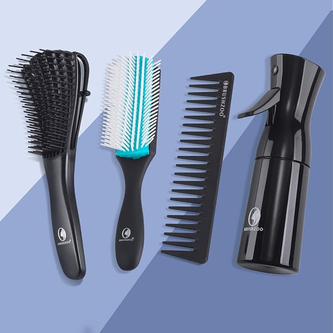 BRUSHZOO Detangling Brush with Hair Spray Bottle, Wide Tooth Comb for Women, Men, and Kids - 9 Row Brush with Detangler for Natural 3/4abc Curly Hair