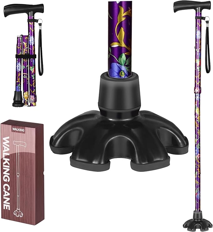 Floral Canes for Women Folding Cane for Stability with Non-Slip Base, Adjustable Walking Cane for Seniors - Lightweight Collapsible Walking Sticks with T & Offset Handle