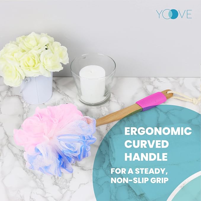 Yoove Pink Loofah Back Scrubber with Bamboo Charcoal Handle | Charcoal infused bath sponge with wooden handle, luffa pouf & hanging hook for men & women - exfoliating body scrubber stick