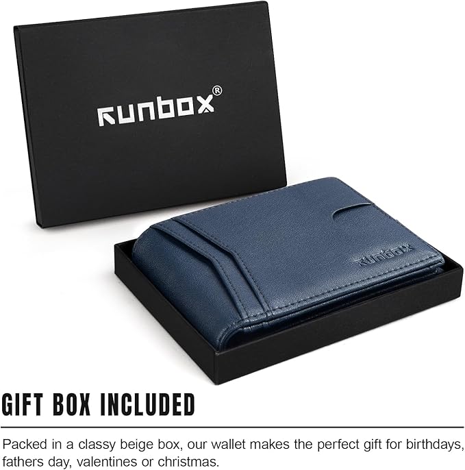 RUNBOX Wallet for Men -Slim Rfid Leather Mens Bifold Novelty Wallets 2 ID Window With Gift Box Men's Accessories | Minimalist Front Pocket Design, Holds 15 Cards, Large Capacity with Cash Pocket,Compact and Thin, Birthday Gifts for Men