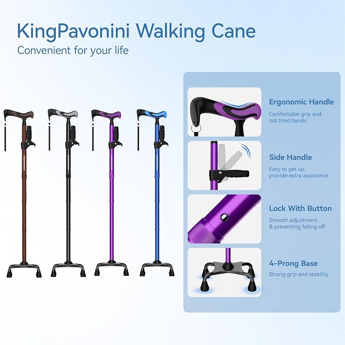 KingPavonini Walking Cane for Women/Men with Second Handle, Foldable & Adjustable Quad Cane with 4-Pronged Base for Standing, Lightweight Walking Aid for Seniors & Adults