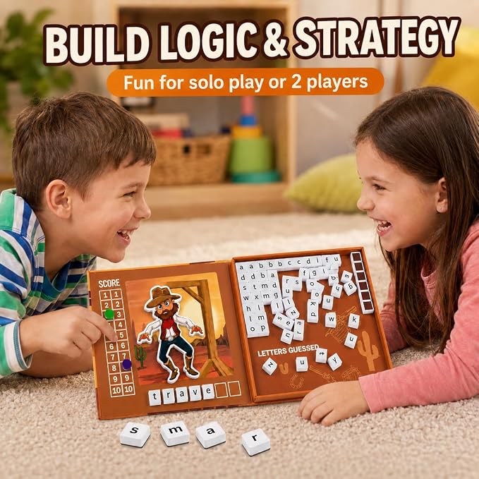 Magnetic Hangman Game for Kids Ages 4-10, Reusable Travel Word Game, Screen-Free Learning Toy for Road Trips, Airplane Activities and Car Rides