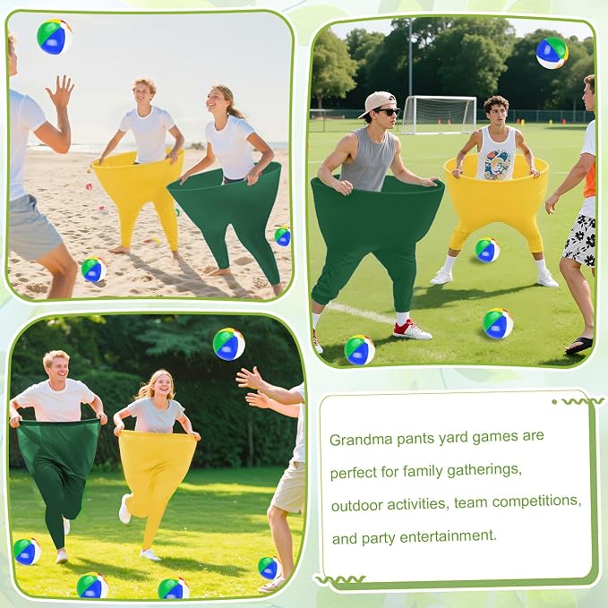 ROMANKAS Granny Pants Outdoor Game Green Granny Pant Yard Game with 8 Bouncy Balls and 1 Air Pump (Random Colors) 2 Pack Grandma Pant Games Gold Adult Granny Pants Games for Backyard Party