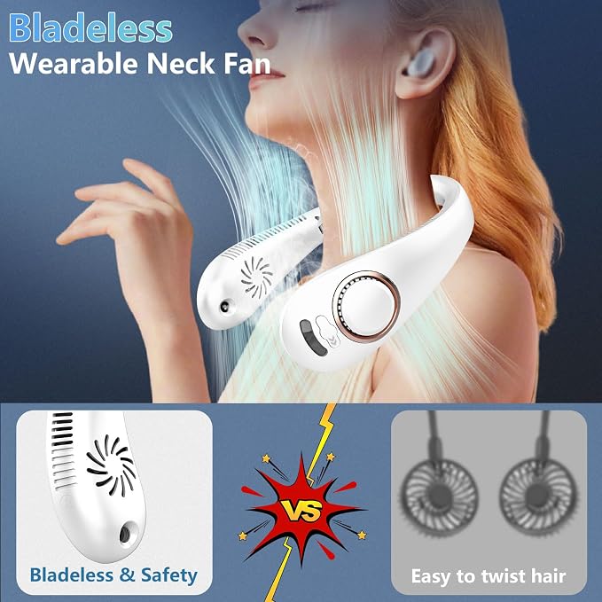 Neck Fan with Mist Spray-Neck Fans that Blow Cold Air,Folding 4000Mah Portable Personal USB Rechargeable Battery Operated Fan with Mister,Cooling Bladeless Travel Misting Fan