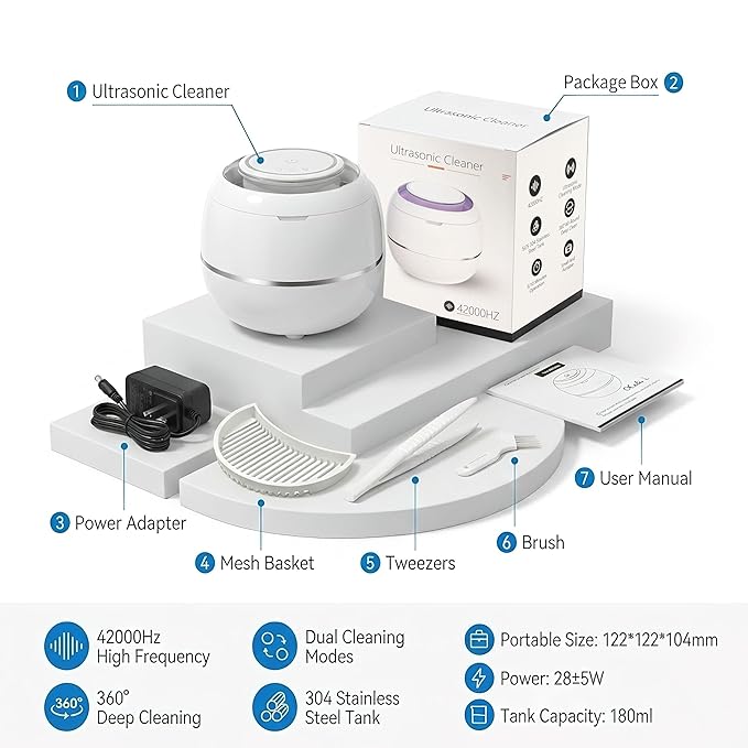 Ultrasonic Retainer Cleaner Machine, White, 42KHZ Dental Cleaning Pod For Denture, Toothbrush Heads,Jewelry, Braces, Digital Timer with 2 Modes, 180ML,304 stainless steel inner liner