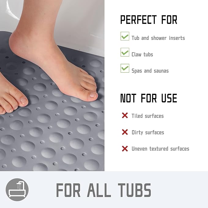 Yimobra 2-Pack Non Slip Bathtub Mat 40 x 16 Inch, Extra Long Shower Mat with Drain Holes, Machine Washable Baby Bath Mats, Strong Suction Cups for Bathroom Floor, Grey