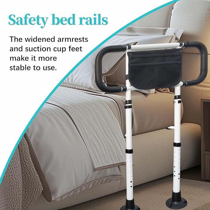 AOHHL Bed Rails for Elderly Adults Safety with Adjustable Heights Storage Pocket Assist Support Side Railings for Seniors Citizens Slides Under Mattressbed Cane Bed Guard Bed (White)