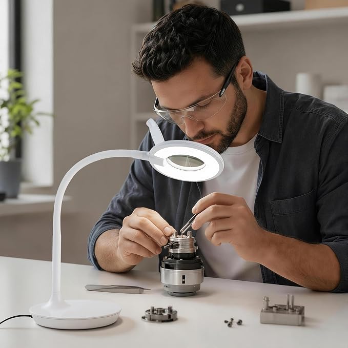 3X+6X Magnifying Glass with Light and Stand, Dimmable LED Magnifying Lamp | Flexible Gooseneck, Hands Free Magnifier, Magnification Lamp for Elderly Craft Hobby Painting Sewing Close Work,Weighted Base