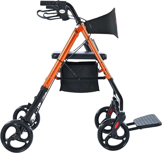 Metro Mobility 2 in 1 Rollator Walker & Transport Wheelchair, Foldable Lightweight Rollator Walker with Seat for Seniors, 8" Big Wheels for All Terrain, 300 lb. Weight Capacity, Orange
