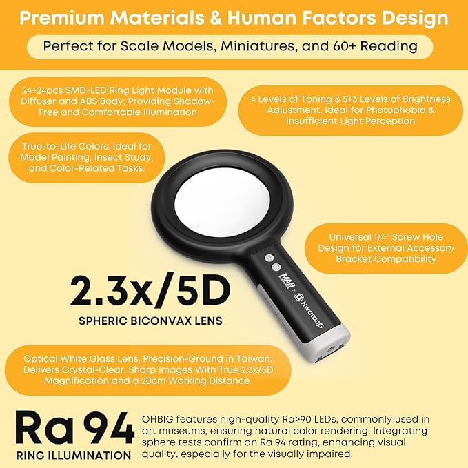 HWATANG OHBIG x MADWORKS 2.3x/5D/100mm Dimming Toning LED Magnifying Glass - K9 White Glass, Model Assembly, Soldering, Ra 94 Ring Light, 60+ Seniors Reading Magnifier (Handheld)