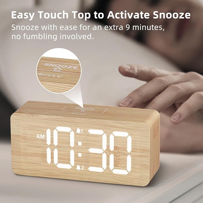 uscce Wooden Digital Alarm Clocks for Bedrooms with 0-100% Dimmable Display | Desk Clock with Large Numbers for Living Room - Loud Dual Alarm for Heavy Sleepers with Volume Control - Wood Decor & Gifts