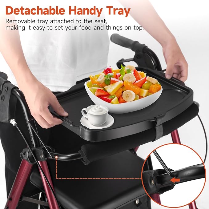 Foldable Rollator Walker for Seniors with Seat,4 Wheel Rolling Walkers | 300lbs walker with tray for Adults & Mobility Impaired|8" Airless Tires|Anti-tip brakes|Adjustable height|Tool-Free Assembly