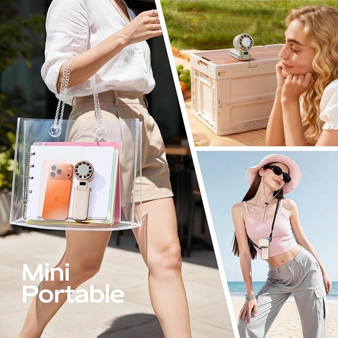 SHEWIND Portable Handheld Fan with Ice Cooling - 5 Gear High Speed Personal Turbo Fan Rechargeable, Up to 13 Hrs, Mini Hand Fans for Travel Essentials, Beach Vacation, Gifts for Women, Men (Cream)
