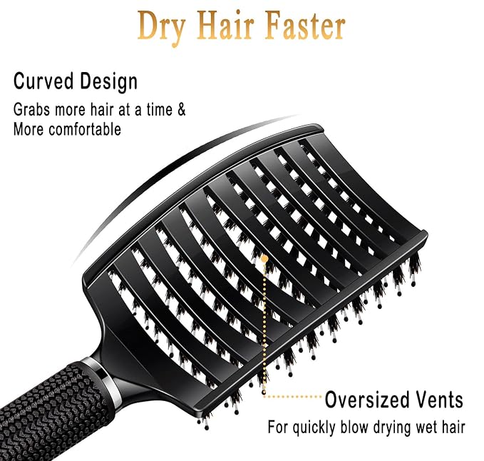 Detangling Brush for Women & Kids, Wet & Dry Hair, All Hair Types | Less pulling & breakage, Boar bristles tame frizz & add shine, Vents for faster blow-drying, Lightweight 4 oz, Non-slip grip