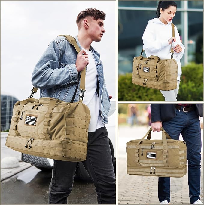 Gym Bag for Men Women, Carry on Luggage 22x14x9 Airline Approved Duffle Bag | Tactical Travel Bags with Toiletry Bag and Shoe Compartment, Weekender Overnight Duffel with Wet Pocket for Workout, Brown