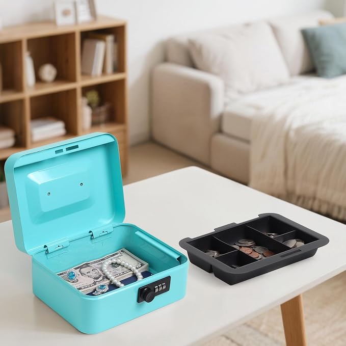 Jssmst Medium Cash Box with Combination Lock - Durable Metal Cash Box with Money Tray,light blue,7.87 x 6.3 x 3.35 inches
