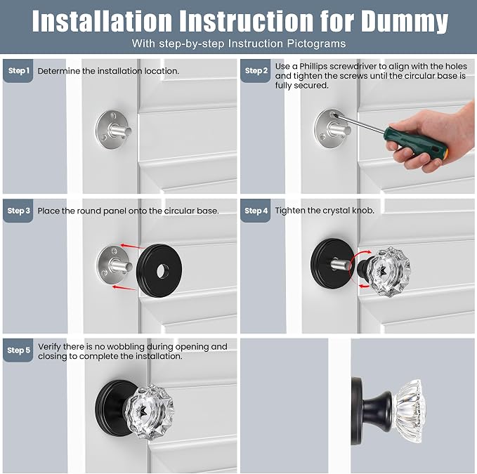 Glass Dummy Door Knobs Interior Matte Black Vintage Crystal Dummy Door Knob | for Hall and Closet, Inactive (2 Pack)