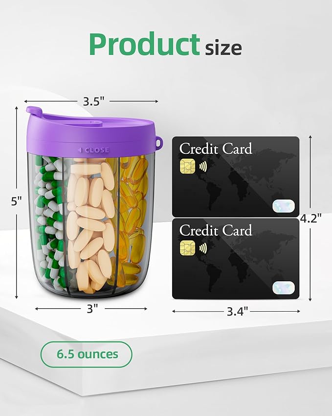 PULIV Large Supplement Organizer Bottle, Holds Plenty of 6 Various Vitamins in 1 Pill Dispenser with Anti-Mixing & Wide Openings Design, Easy to Retrieve Meds, Includes 20 Pcs Labels Dark Purple
