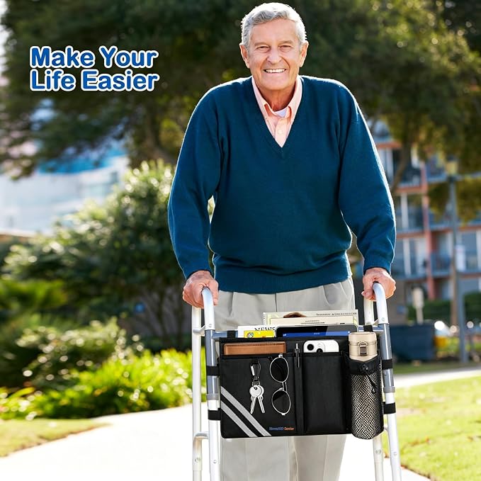 Walker Bag with Cup Holder, Multi Pockets Folding Walker Basket Tote Bag, Foldable Walker Basket with Big Capacity for Universal Walkers, Suitable for the Elderly (Black)