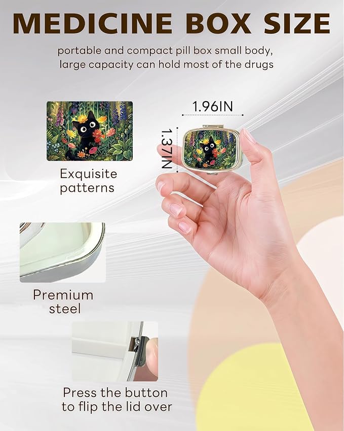 LRITER Pill Case, 2 Compartment Portable Small Travel Pill Organizer for Purse and Pocket, Stylish Medicine Case with Multiple Patterns, Daily Pillbox for Home & Travel (Cat and Flower)