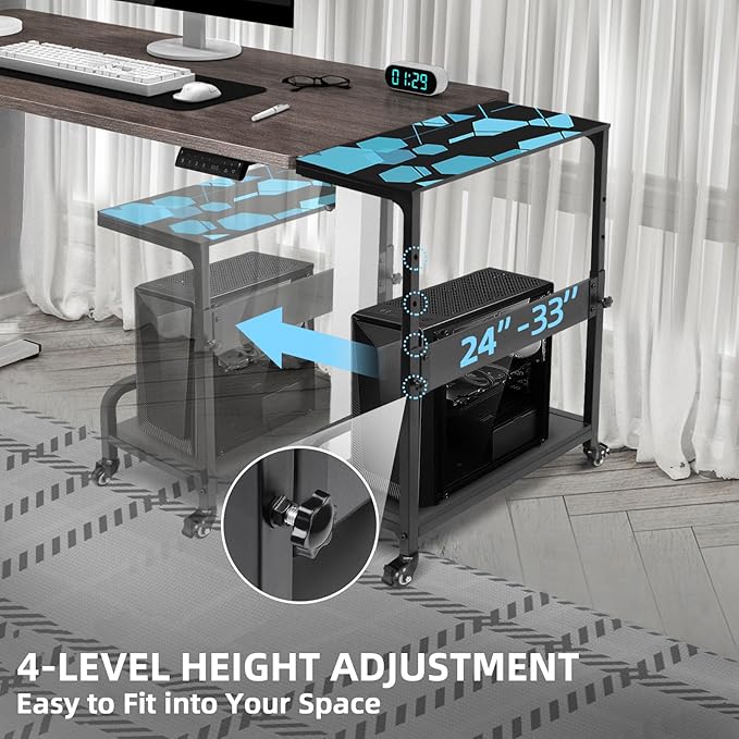 Adjustable Computer Tower Stand Large with Guardrail, 2 Tier Gaming PC Tower Stand for ATX, E-ATX, ITX, Rolling Floor Cart with Locking Metal Wheels, 32.7" X 21.6" X 15.8"
