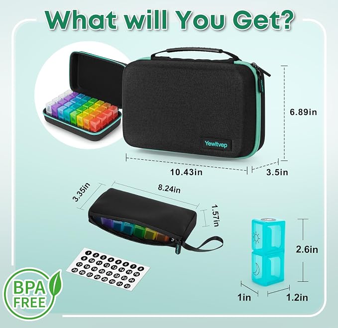 Monthly Pill Organizer 2 Times a Day with Weekly Pill Bag, 30 Day Pill Organizer 2 Times a Day with 32 Compartments, Monthly Stickers, Shoulder Strap, Hard Travel Case Medicine Vitamins Case
