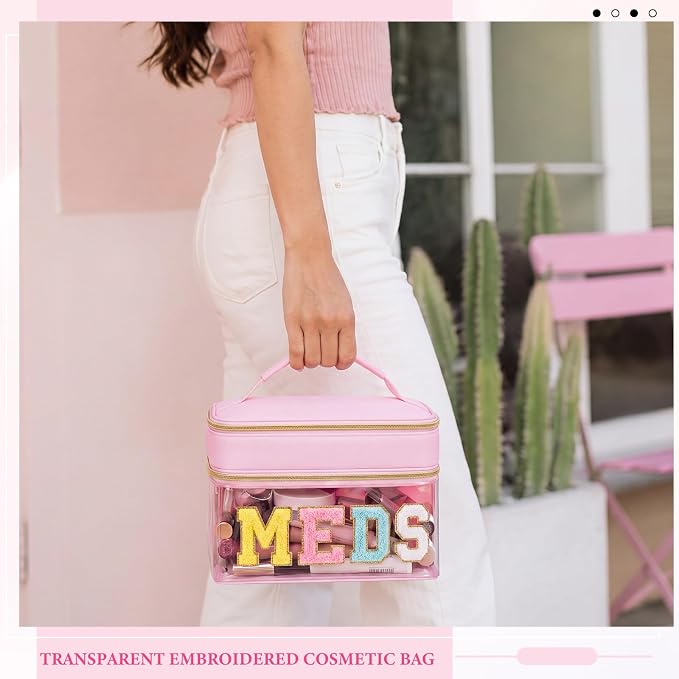 Geetery Double Layer Meds Makeup Bag with Chenille Letter, Clear Travel Medicine Bag for Women, Dual Compartment Cosmetic Organizer, Transparent Toiletry Pouch for Travel, Pink Pill Organizer Case