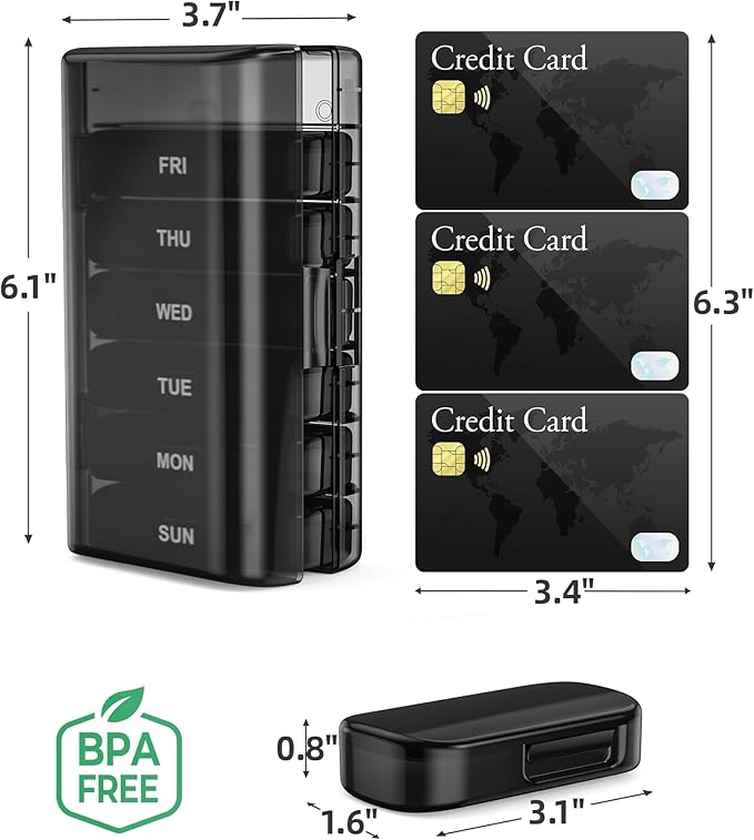 PULIV Weekly Pill Organizer with Large Capacity, Dual Protection Pill Box 7 Day, Arthritis Friendly Pill Case Easy to Open, Medicine Organizer for Vitamins, Medications, Fish Oils, Supplements (Black)