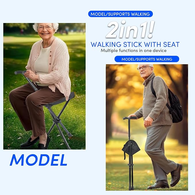 Cane with Seat Foldable Lightweight Walking Cane with LED Light Adjustable Walking Stick for Seniors