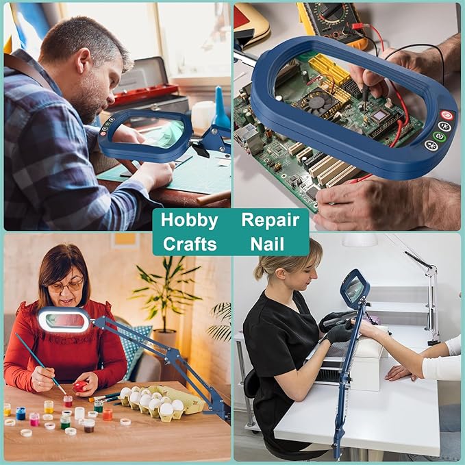 10X Rectangle Magnifying Glass with Light, 5 Color Modes Stepless Dimmable Magnifier with Stand, LED Lighted Clamp Desk Lamp with Swing Arm, Hands Free for Reading Painting Close Work - Blue