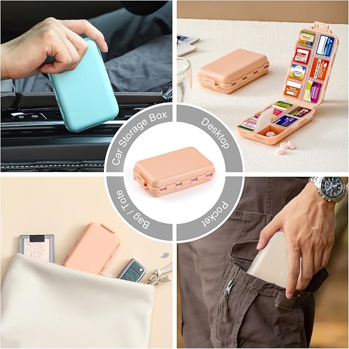 3 Pack 14 Grids Travel Pill Organizer Box with 415-Pcs Medicine Name Labels - Pocket Daily Pharmacy Case Container Kit - Travel Medication Holder Dispenser for Fish Oil Vitamin, Khaki+Pink+Sky Blue