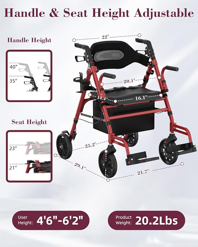 Walkers for Seniors with Seat, 2 in 1 Rollator Walker & Transport Chair with Reversible Backrest & Detachable Footrests, Folding Wheelchair with 8" Anti-Slip PU Wheels, Red
